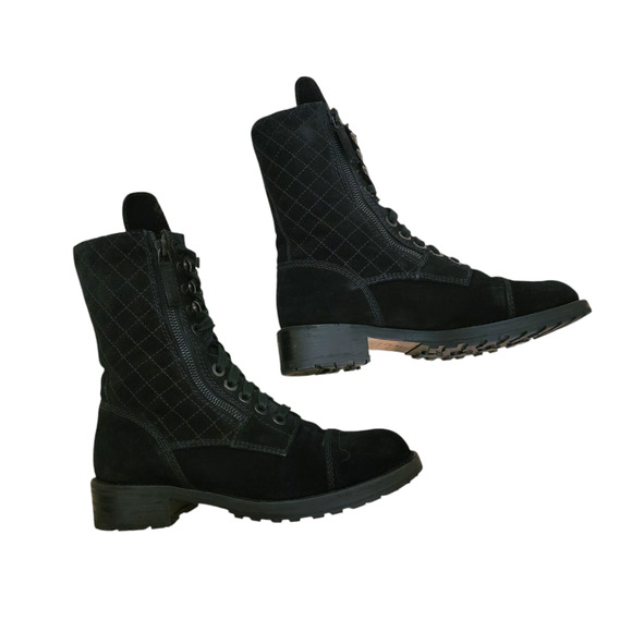 Chanel CC Suede Black Quilted Combat Boots Logo Monogram Lace Up Tall 6.5 37 - Picture 1 of 17